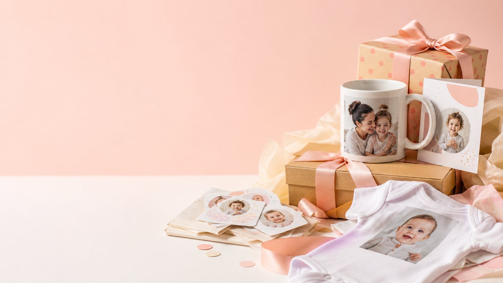 Regalos personalizados para bebé con taza, body y cajas de regalo
